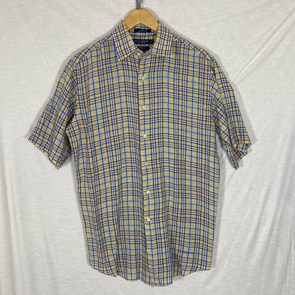 Daniel Cremieux Yellow Blue Plaid‎ 100% Linen Short Sleeve Men’s Shirt Size Med